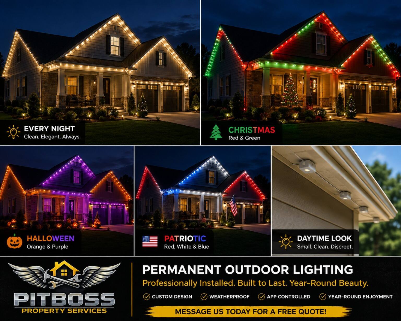 Examples of permanent outdoor lighting for everyday, Christmas, Halloween and patriotic color schemes